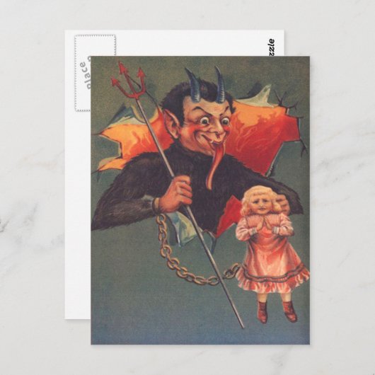 Krampus met meisje en hooivork briefkaart (Voorkant / Achterkant)