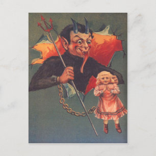 Krampus met meisje en hooivork briefkaart