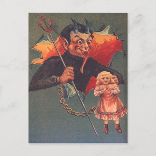 Krampus met meisje en hooivork briefkaart (Voorkant)