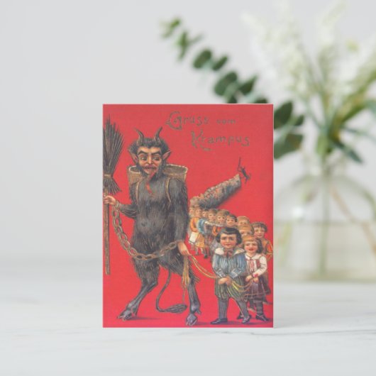 Krampus met slechte kinderen briefkaart (Staand voorkant)