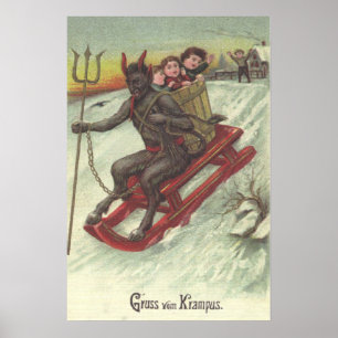Krampus ontvoert kinderen met slee hooivork poster