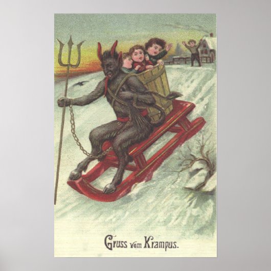 Krampus ontvoert kinderen met slee hooivork poster (Voorkant)