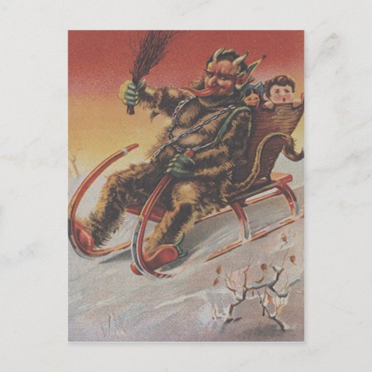 Krampus ontvoert kinderen slee briefkaart (Voorkant)