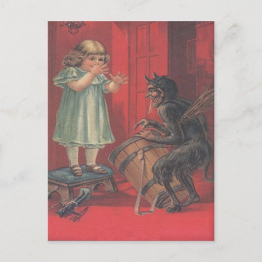 Krampus ontvoert meisjesspeelgoed briefkaart (Voorkant)