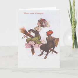 Krampus op bezem met vrouw feestdagen kaart