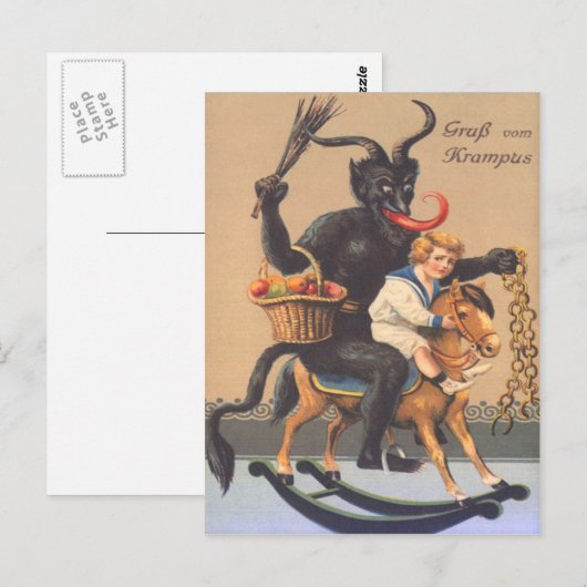 Krampus Riding Hobbyhorse with Boy Briefkaart (Voorkant / Achterkant)
