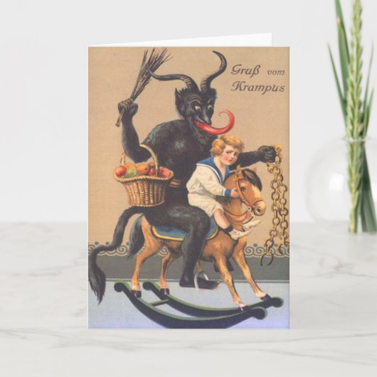 Krampus Riding Hobbyhorse with Boy Feestdagen Kaart (Voorkant)