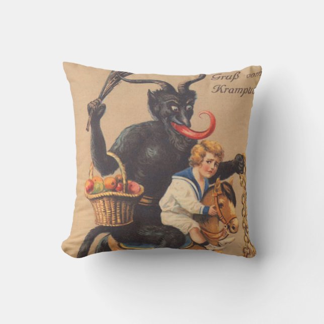 Krampus Riding Hobbyhorse with Boy Kussen (Voorkant)