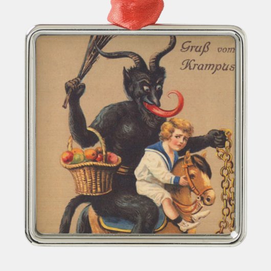 Krampus Riding Hobbyhorse with Boy Metalen Ornament (Voorkant)