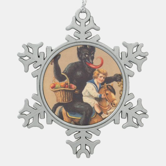 Krampus Riding Hobbyhorse with Boy Tin Sneeuwvlok Ornament (Voorkant)