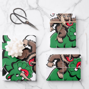 Krampus rijdt op een dinosaurus Kerstman Kerstmis  Inpakpapier Vel