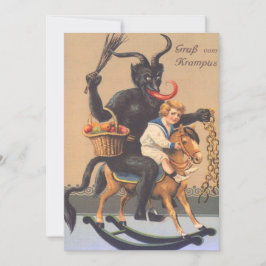 Krampus rijdt op een stokpaard met jongen