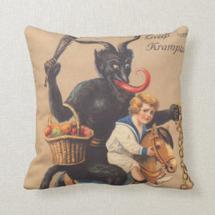 Krampus rijdt op een stokpaard met jongen kussen
