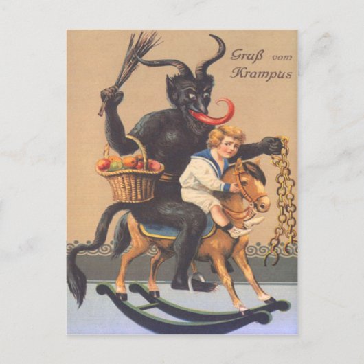 Krampus rijdt op hobbyhorse met jongen briefkaart (Voorkant)