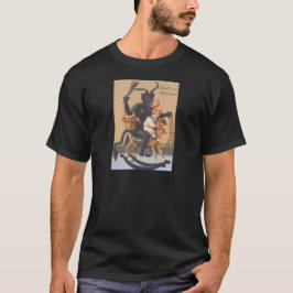 Krampus rijdt op hobbypaard met jongen t-shirt
