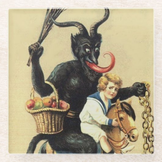 Krampus Rocking Horse Demon Holiday Kerstmis Glazen Onderzetter (Voorkant)