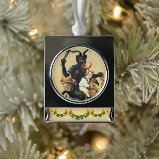 Krampus Rocking Horse Holiday Kerstmis Verzilverd Banner Ornament (Boom)