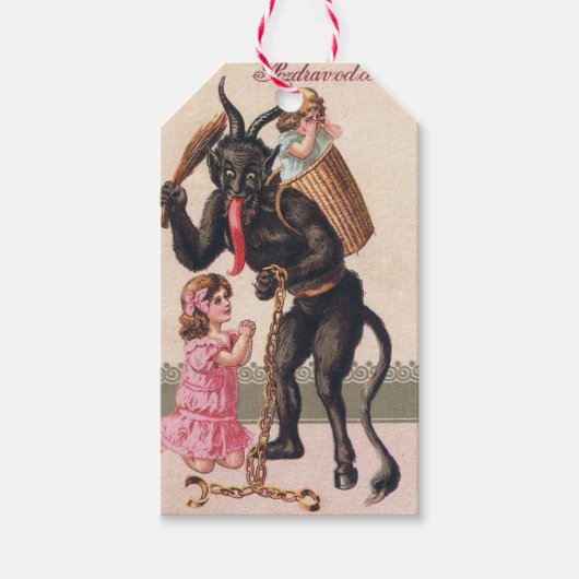 Krampus Scaring Girls  feestdag kerst Cadeaulabel (Voorkant)