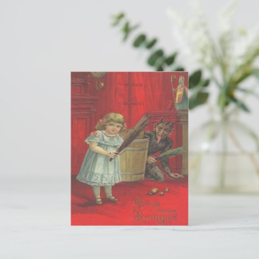 Krampus speelt met meisje briefkaart (Staand voorkant)