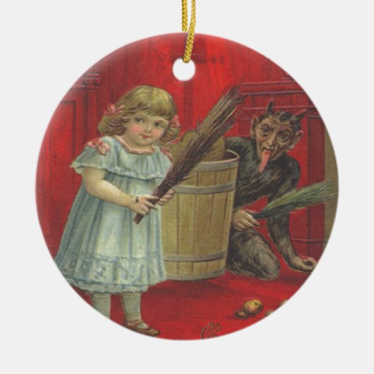 Krampus speelt met meisje keramisch ornament (Voorkant)