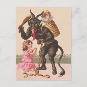 Krampus straft kinderen met een zweep en ketting briefkaart
