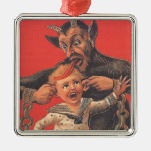 Krampus straft kleine jongen oor metalen ornament