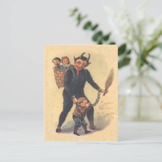 Krampus straft slecht kind briefkaart (Staand voorkant)