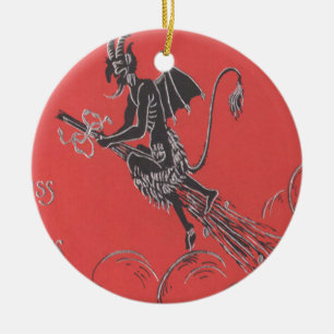 Krampus vliegt op bezem keramisch ornament