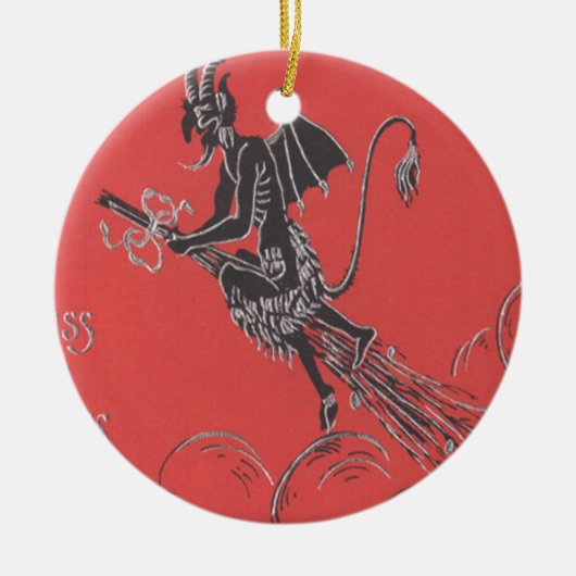 Krampus vliegt op bezem keramisch ornament (Voorkant)