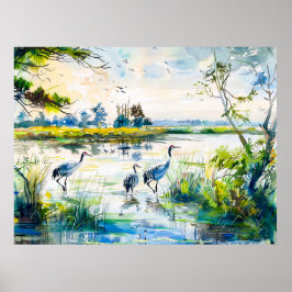 Kranen bij de rivier Havelland Aquarel stijl Poster