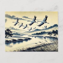 Kranen die over een rivierlandschap vliegen Chines Briefkaart