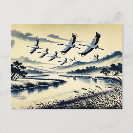 Kranen die over een rivierlandschap vliegen Chines Briefkaart (Voorkant)