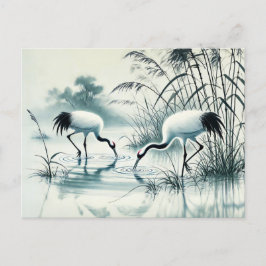 Kranen foerageren in ondiep water Chinese inkt ver Briefkaart