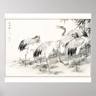 Kranen in de Japanse kunst van het Bamboe-bos Poster