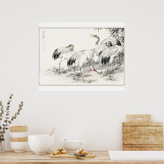 Kranen in de  Japanse kunst van het Bamboe-bos Poster (Keuken)