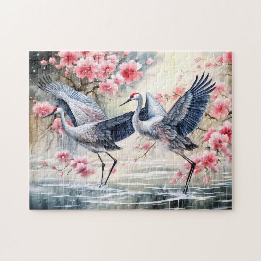 Kranen in water met bloemreflecties legpuzzel (Horizontaal)