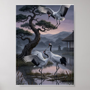Kranen onder dennenbomen Oosterse esthetiek fleece Poster