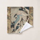 Kranen op een met sneeuw beklede Pine Hokusai Bad Handdoek (Wasdoekje)