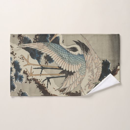 Kranen op een met sneeuw beklede Pine Hokusai Bad Handdoek (Handdoek)