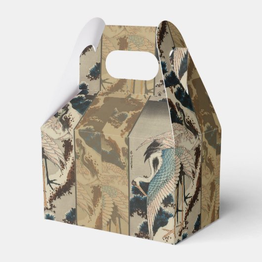 Kranen op een met sneeuw beklede Pine Hokusai Bedankdoosjes (Achterkant)