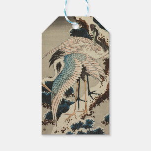 Kranen op een met sneeuw beklede Pine Hokusai Cadeaulabel