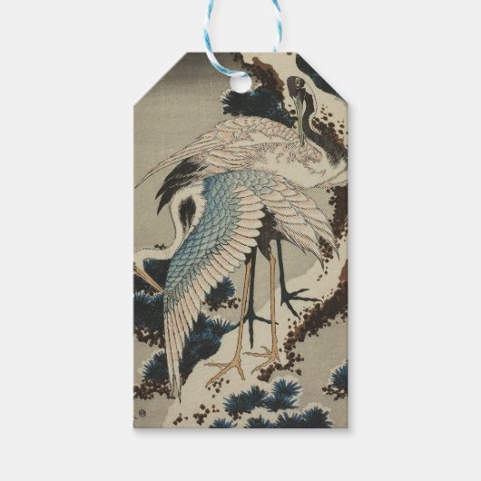 Kranen op een met sneeuw beklede Pine Hokusai Cadeaulabel (Voorkant)
