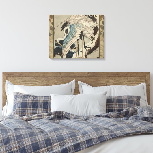 Kranen op een met sneeuw beklede Pine Hokusai Canvas Afdruk (Insitu (Slaapkamer))
