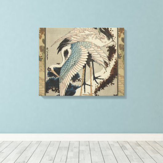 Kranen op een met sneeuw beklede Pine Hokusai Canvas Afdruk (Insitu (Houten vloer))