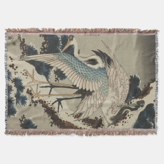 Kranen op een met sneeuw beklede Pine Hokusai Deken (Voorkant)