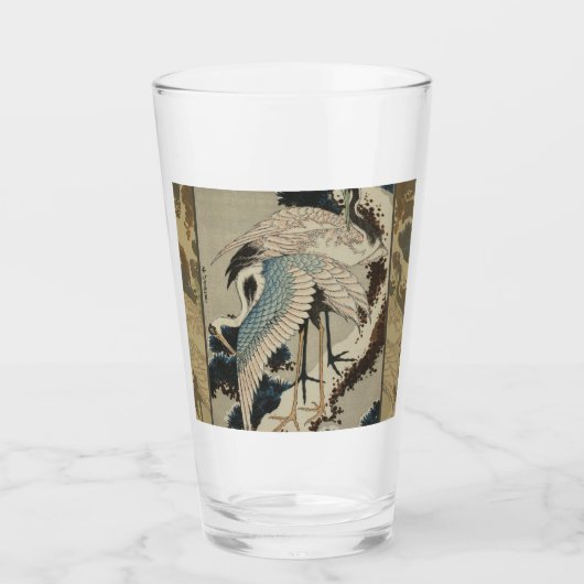 Kranen op een met sneeuw beklede Pine Hokusai Glas (Voorkant)