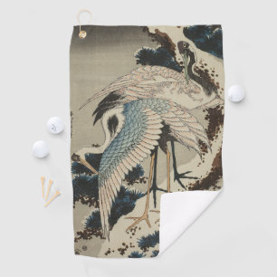 Kranen op een met sneeuw beklede Pine Hokusai Golfhanddoek