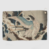 Kranen op een met sneeuw beklede Pine Hokusai Golfhanddoek (Horizontaal)