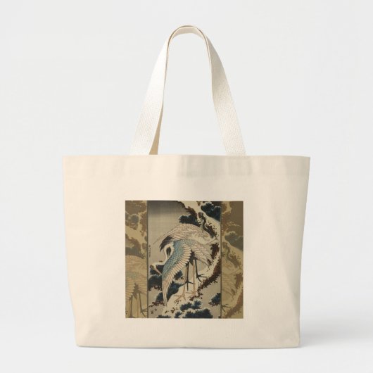 Kranen op een met sneeuw beklede Pine Hokusai Grote Tote Bag (Voorkant)