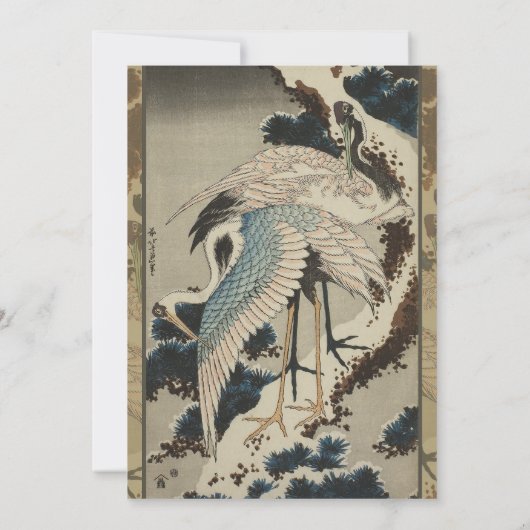 Kranen op een met sneeuw beklede Pine Hokusai Kaart (Achterkant)